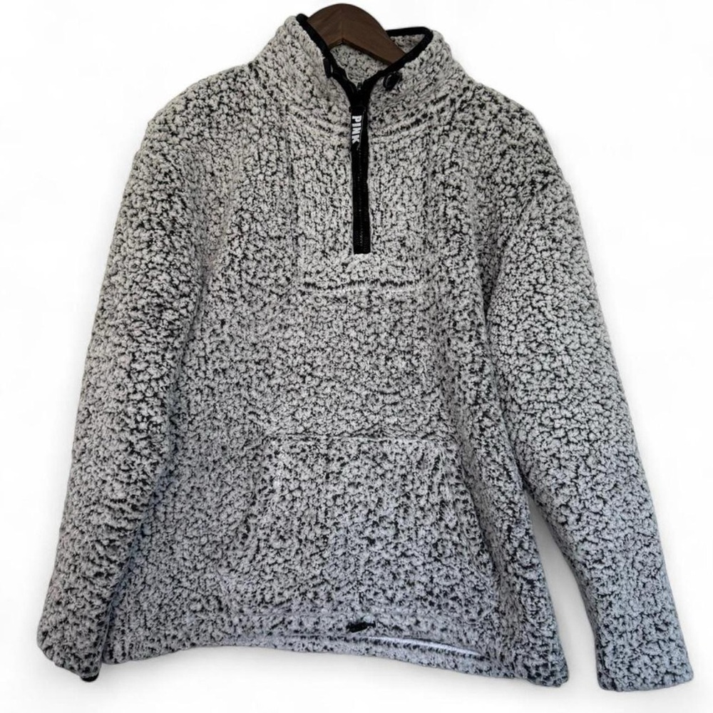 Small Victoria's Secret Pink Gray Black White Sherpa Hoodie Comfy Cozy Pullover